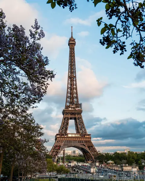 A Torre Eiffel vista entre árvores floridas, em Paris